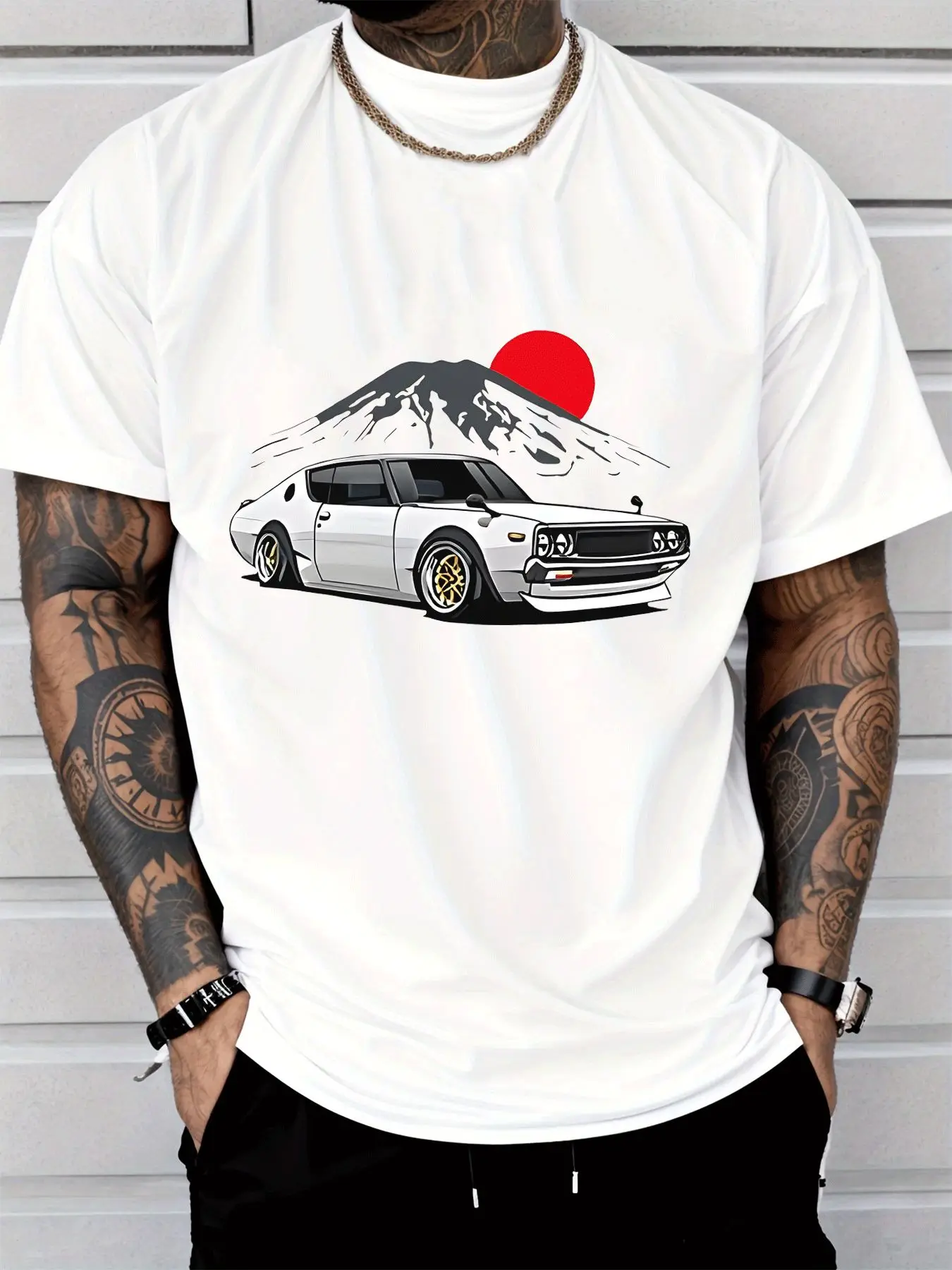 Vintage Jdm Car And Mount Fuji Mens Front Print T Shirt Classic Japanese Auto Graphic Tee Casual Short Sleeve Top Car Lover Gift