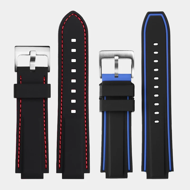 Silicone rubber watch strap 24*16mm Convex joint sports Black red blue orange white lines men watchband For Timex T2N721 T2N720