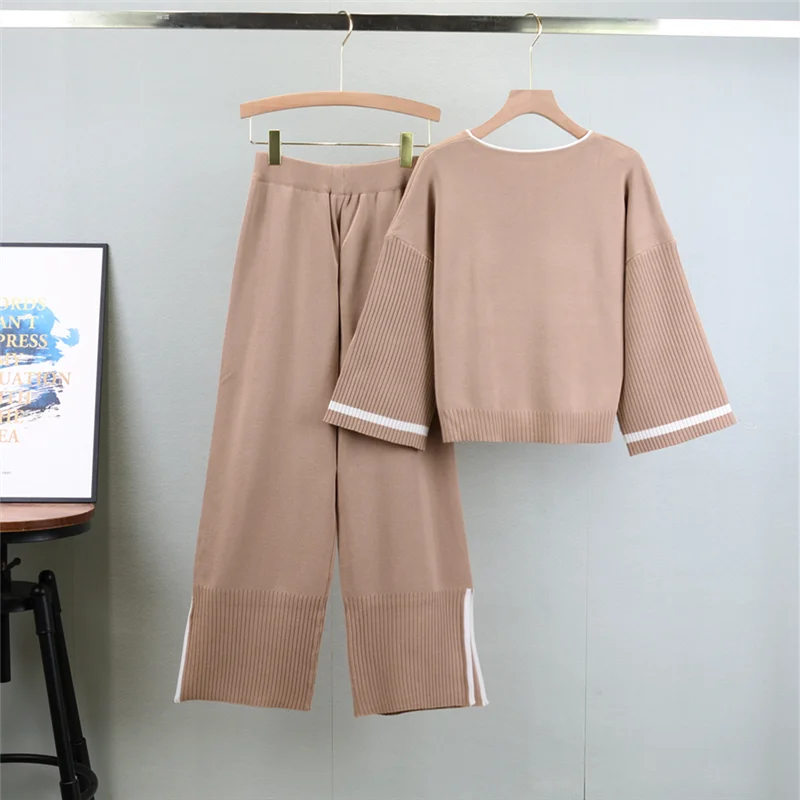 女性用ルーズニットセーターとパンツセット,カジュアルセーター,長袖トップス,伸縮性,エレガント,秋冬