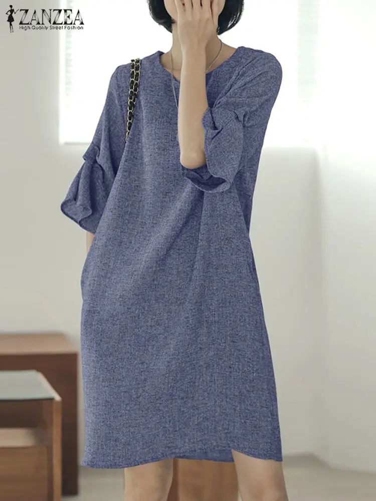 

ZANZEA Holiday Loose Pocket Dresses Women Solid Sundress 2024 Summer Round Neck Short Vestidos Oversize Half Flared Sleeve Robes