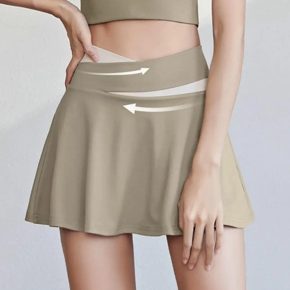 

Inner Pocket Elastic Waistband Tennis Skort Solid Color Quick Drying Women High Waist Mini Skater Skirt Fitness Skirt Short