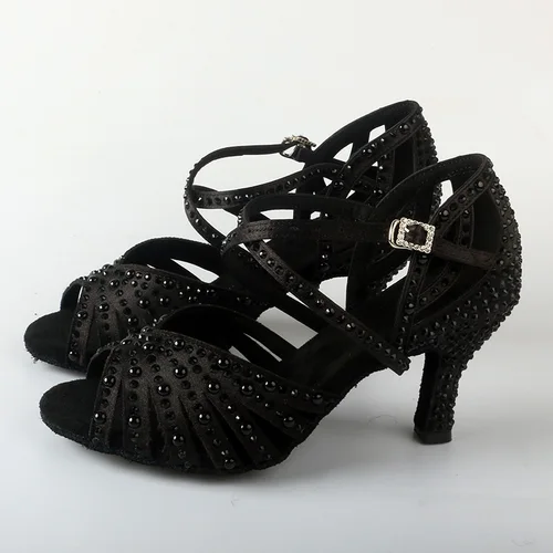 Venus señuelo tacones de baile Salsa zapatos de baile latino negros cristales tela satinada tacones altos sandalias de moda tacón medio 7,5 CM