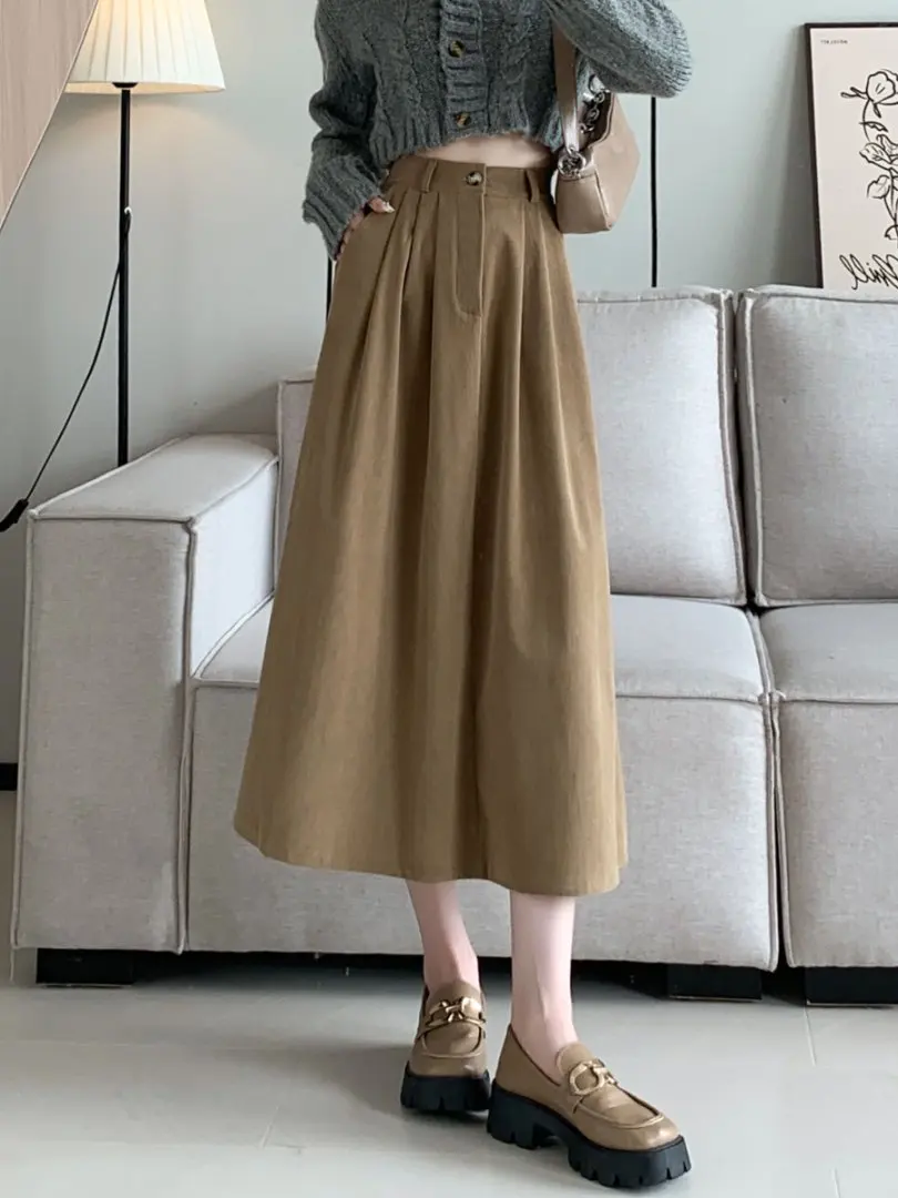 الخريف الشتاء خمر سروال قصير تنورة صغيرة للنساء مرونة الخصر عادية فضفاض ألف خط كوريا التنانير الطويلة سيدة