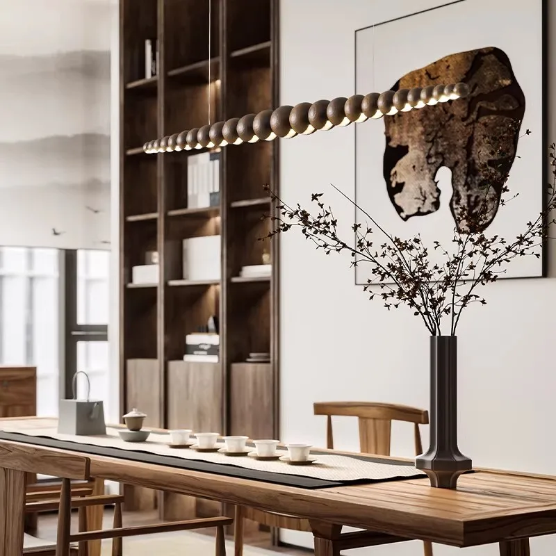 Mid Ancient Style Beaded Minimalist Creative Designer's Living Room Dining Table Long Wooden Pendant Light