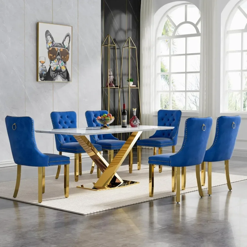 

White Imitation Marble Patterned Table with 6 Modern Dining Chairs, Suitable for Kitchen and Dining Set