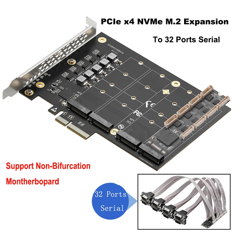 IOCREST PCIe X4 Expansion Card 4 M.2 NVMe to 32 RS232 DB9 Serial Ports Extender Adapter Support Non-Bifurcation Motherboard