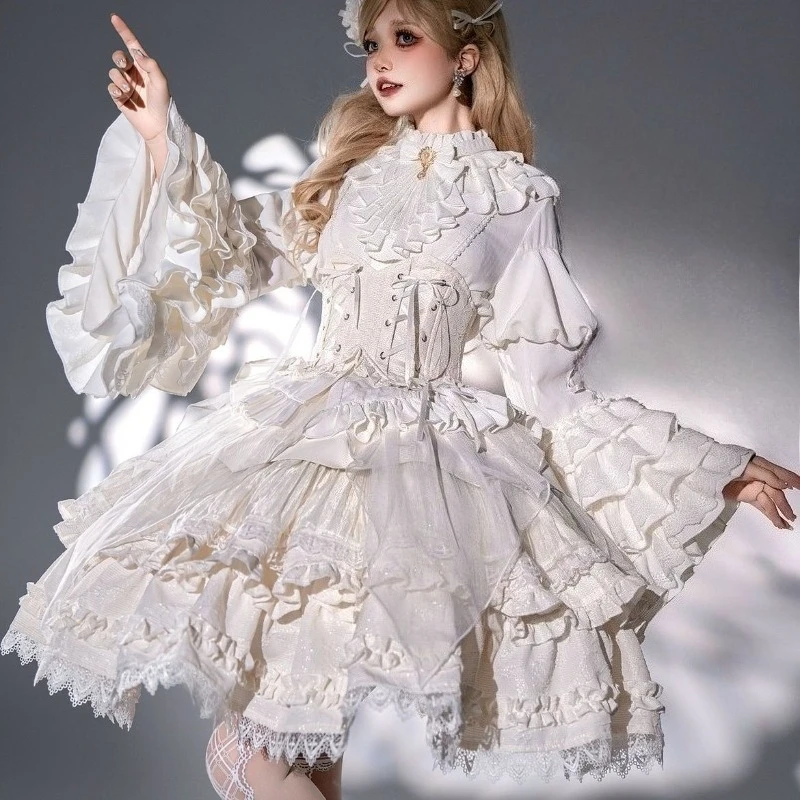 Japanese Gothic Y2k 3 Piece Set Women Retro Lace Ruffle Flare Long Sleeve Bow Shirts Sweet Mini Cake Skirt Elegant Princess Suit