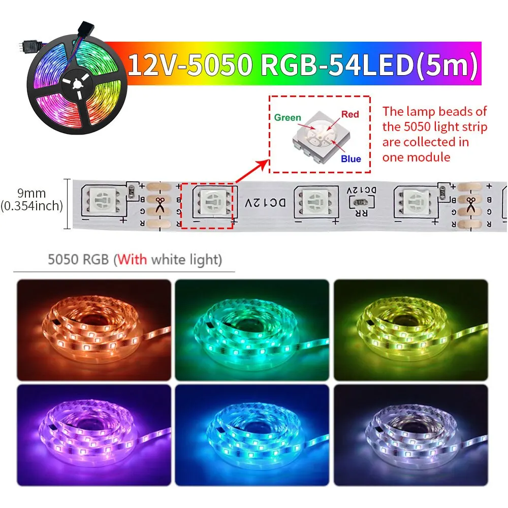 Tuya Smart Life LED Light Strip Bluetooth Control DC12V 5M SMD 5050 54LEDs/M Flexible Rope Lamp For Desktop Screen TV BackLight