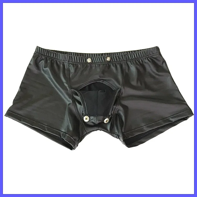 

Men's Leather Underwear Open Front Boxer Shorts with U-Pouch, Sexy Clubwear Stage Black