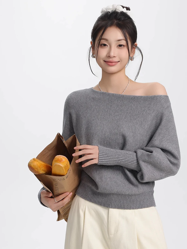 Off Shoulder Long Sleeve Sweater Autumn New Skew Collar Loose Pullover Knitted Tops Women Casual Solid Color Knitwears