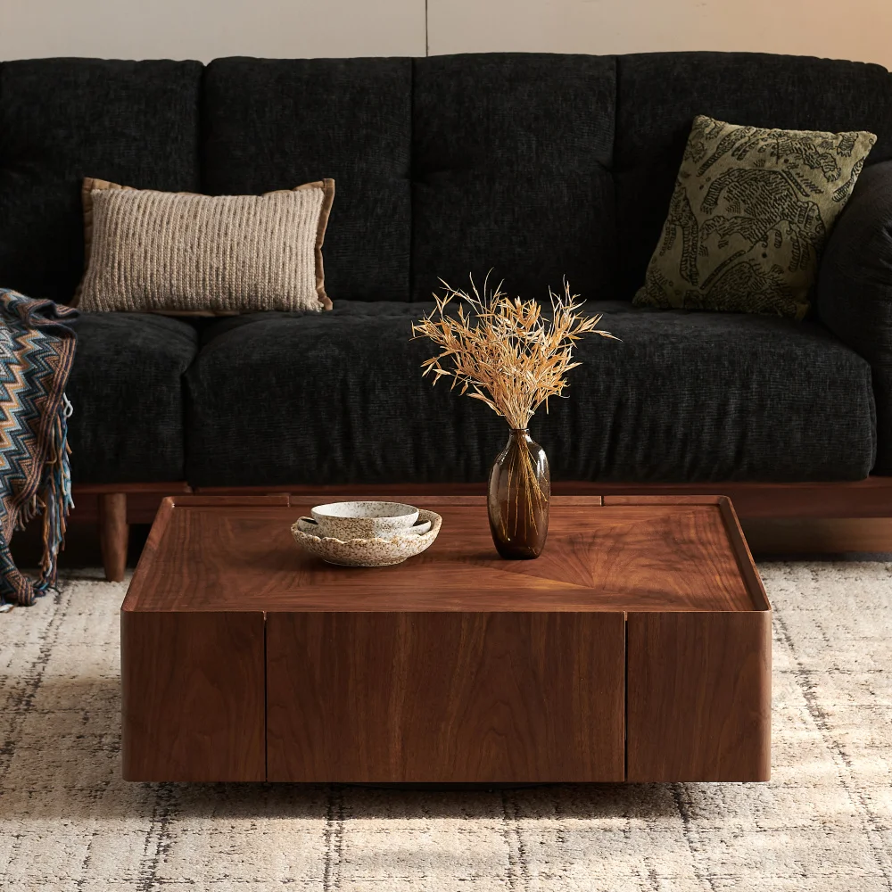 Modern Coffee Table Square Walnut Wood Design Suitable Walnut Wood Material, Suitable for Bedroom, Living Room Café Furniture