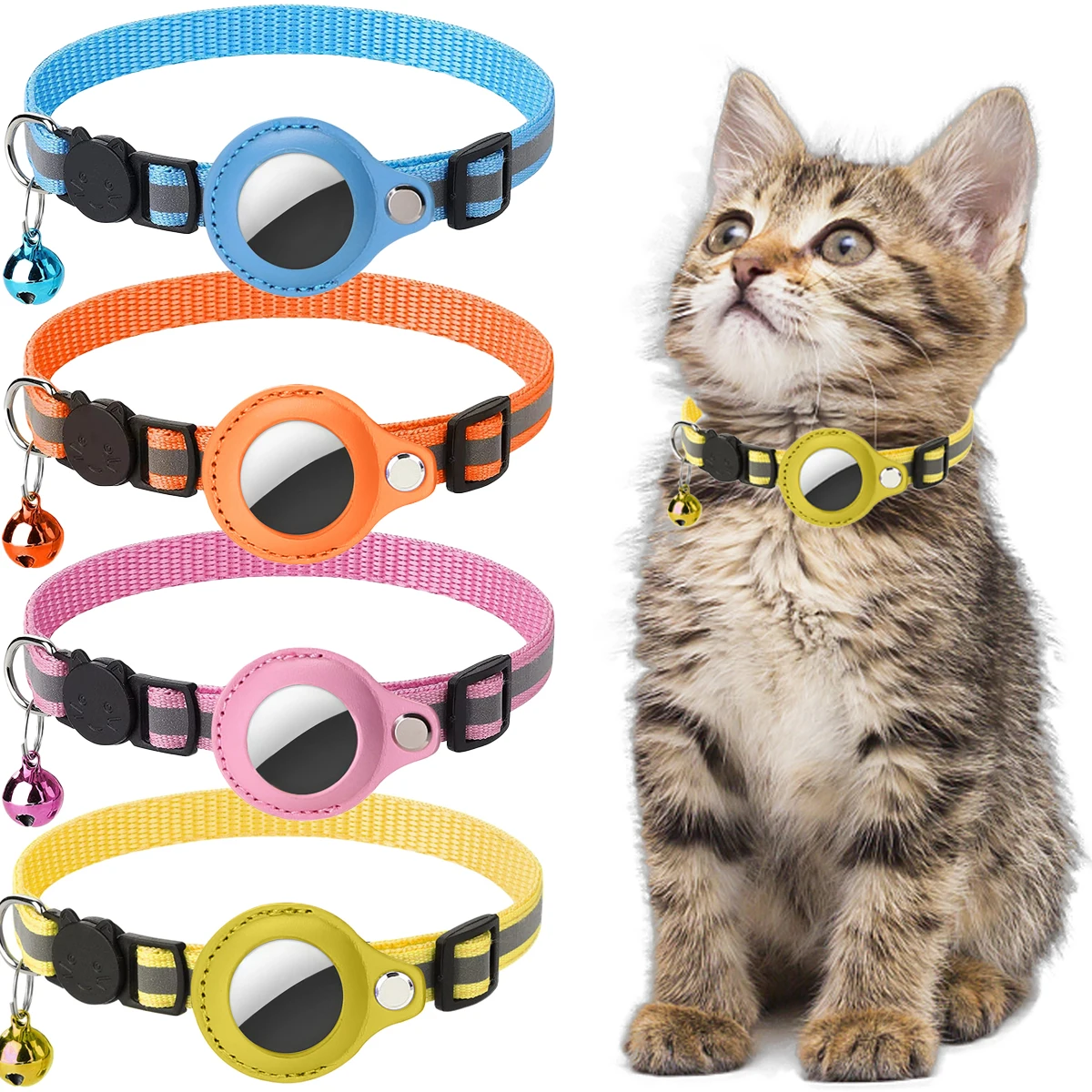 Cat AirTag Holder Collar Breakaway Reflective Strips Adjustable Kitten Collar Waterproof Cat Bell Collar Pet Air Tag Case