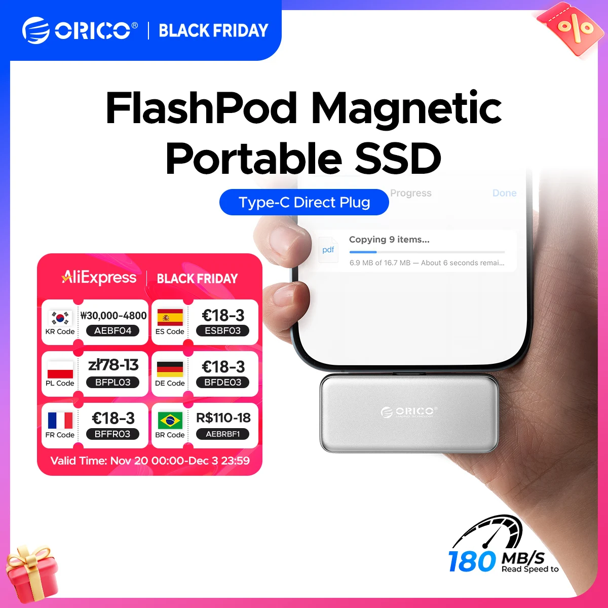 

ORICO FlashPod 256GB MINI Portable SSD ProRes with Direct Plug & PD 100W Fast Charging for Dashcam Mobile Mac PC iPhone 16/15