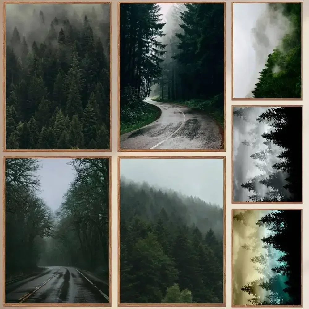 Foggy Mountain Misty Forest Pine Sage Green Wall Art Nordic Poster Self-adhesive Art Waterproof Paper Sticker House Room