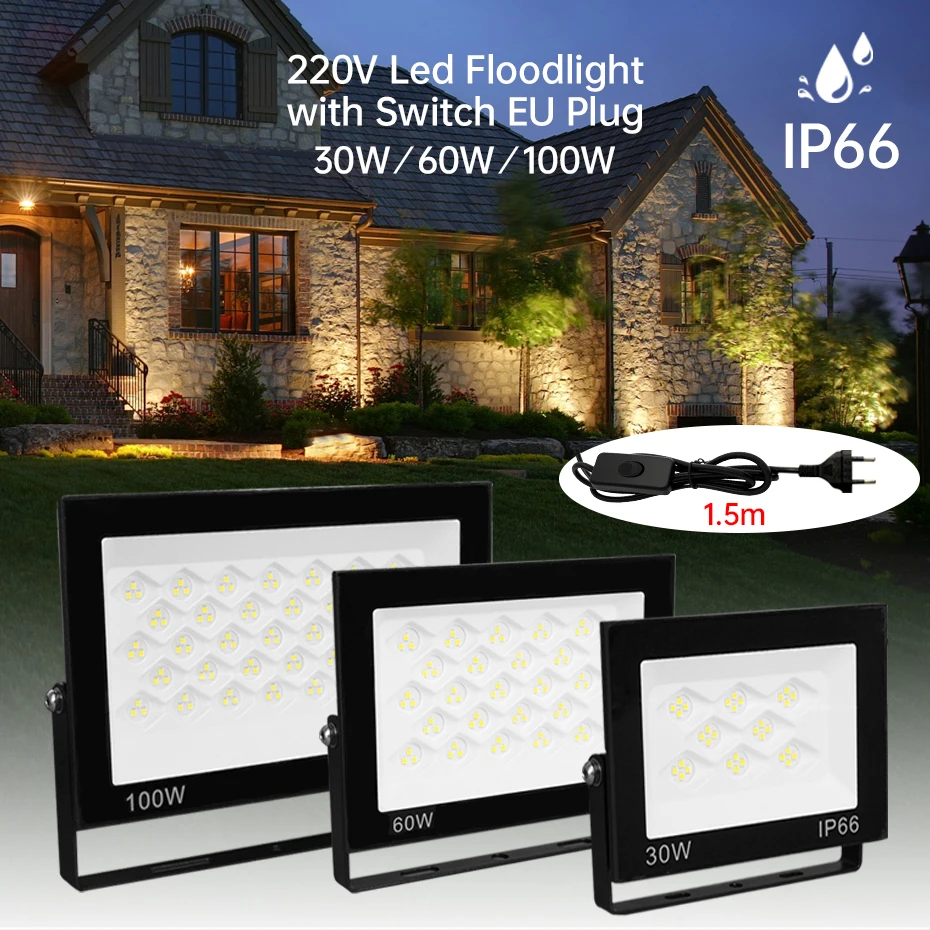 

Светодиодный прожектор 30W 60W 100W AC 220V, уличный настенный светильник, IP66, водонепроницаемый, для наружного освещения сада
