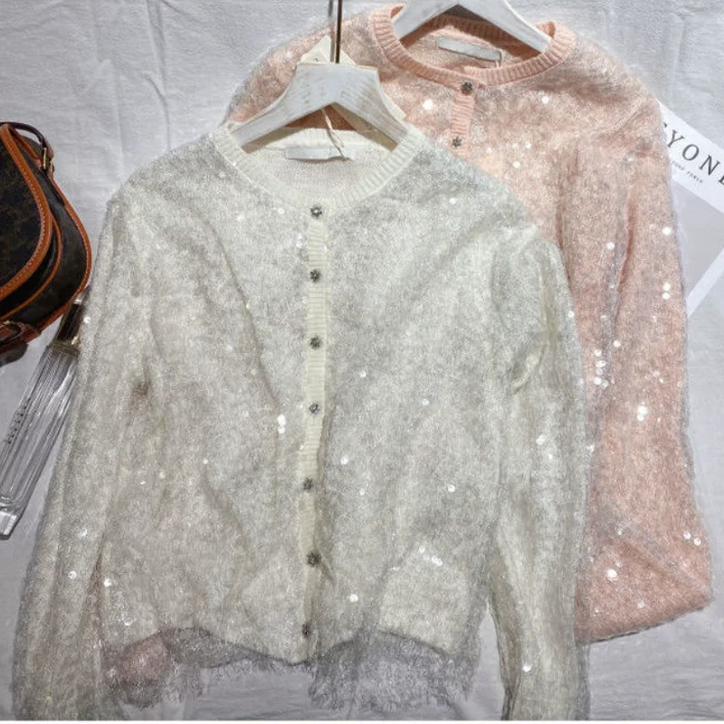 Luxury Women Girls Sequins Knitted Cardigan Beaded Sweater Coat Loose Short Coat Thin Single-breasted Shiny Knitwear Crop Tops