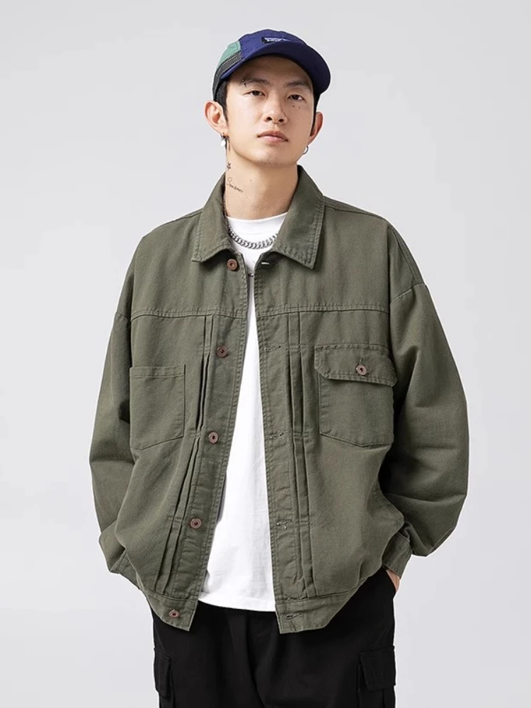 Vintage Utility Cargo Denim Jacket Men Pleated Front w/ Flap Pockets Long Sleeve Oversized Spring Fall 2025 Casual Coat