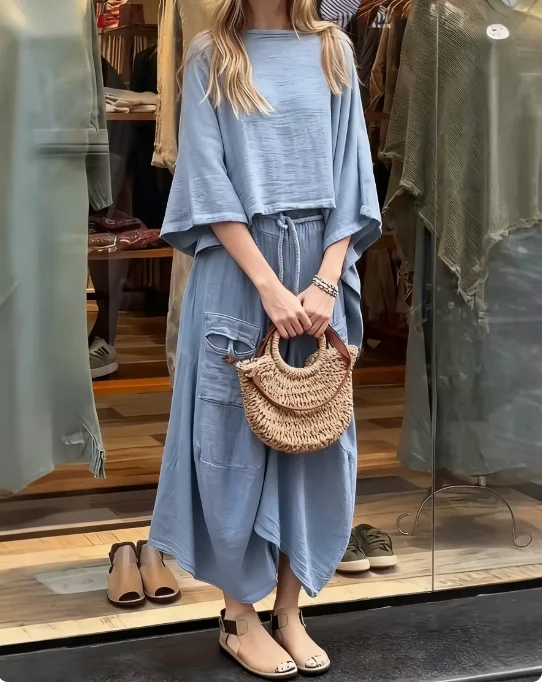 ツーピース レディース シックなバットウィング ケープ シャツとアシンメトリー アンクル スカート ストリートウェア セット（ポケット付き）