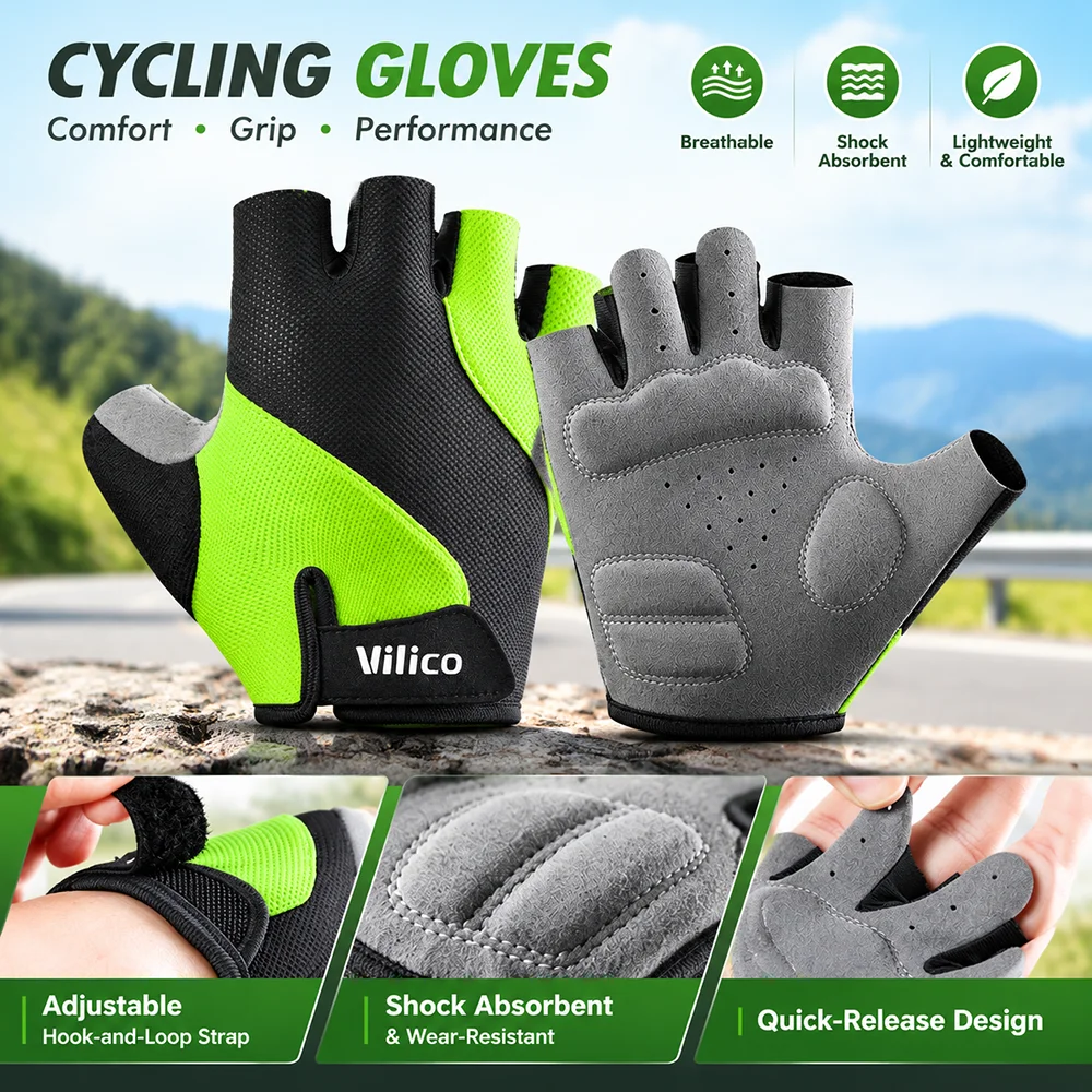 Men Women Cycling Gloves Half Finger Breathable Stretch Lycra Durable Microfiber Palm Air Vents Shock Absorbing Hook Loop Strap