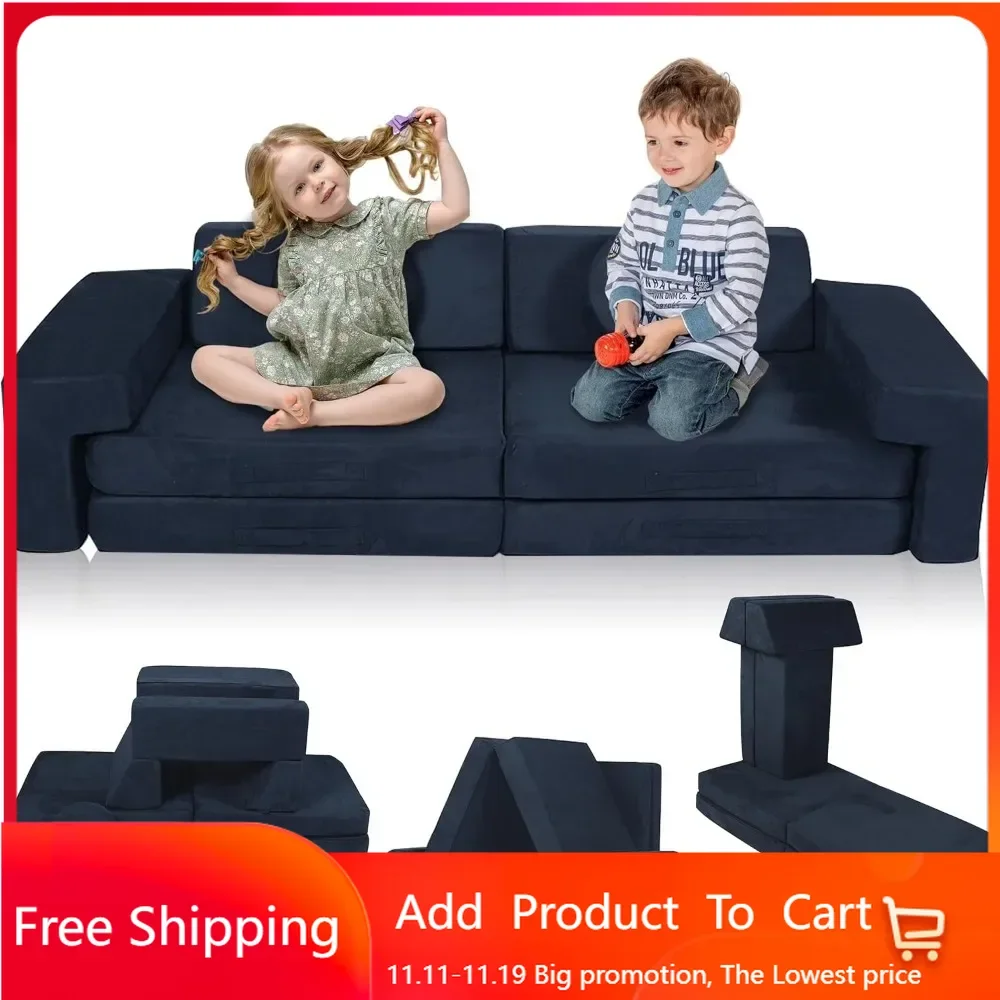 Play Couch Sofa 10PCS, Modular Kids Play Couch, Toddler Couch Building Fort for Playroom Bedroom,Dark Blue