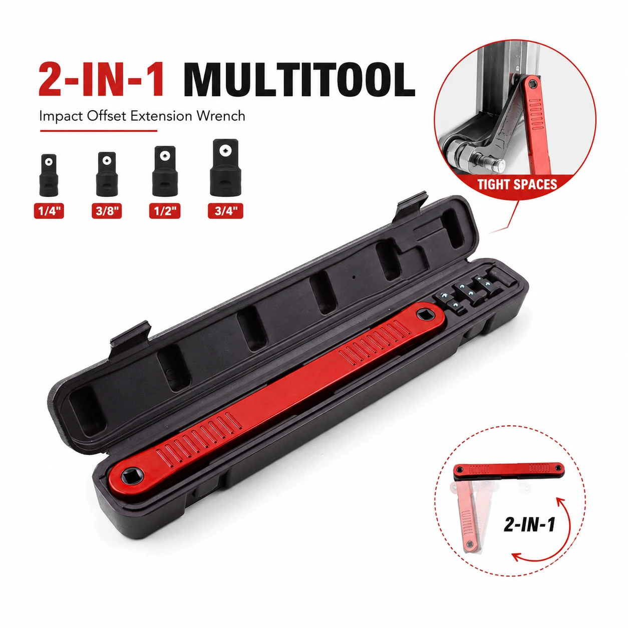 

Fixed Angle Professional Key 2-in-1 Multitool, Impact Offset Extension Wrench With 4 Drive Adapters For Tight Spaces