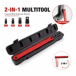 Fixed Angle Professional Key 2-in-1 Multitool, Impact Offset Extension Wrench With 4 Drive Adapters For Tight Spaces