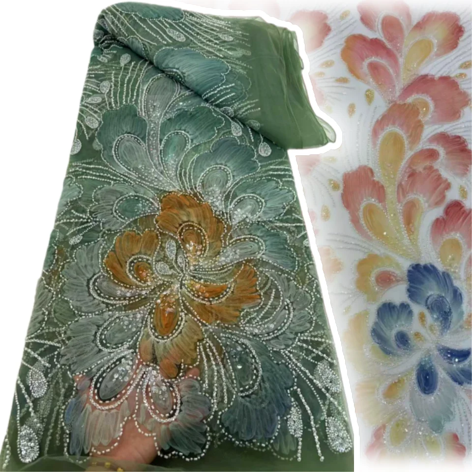 

African Fabric Fashion 2025 Hot Sale 3D Embroidery Sequins Lace with Beads Rich Nigerian Fabric for Evening Party Dress CC1729