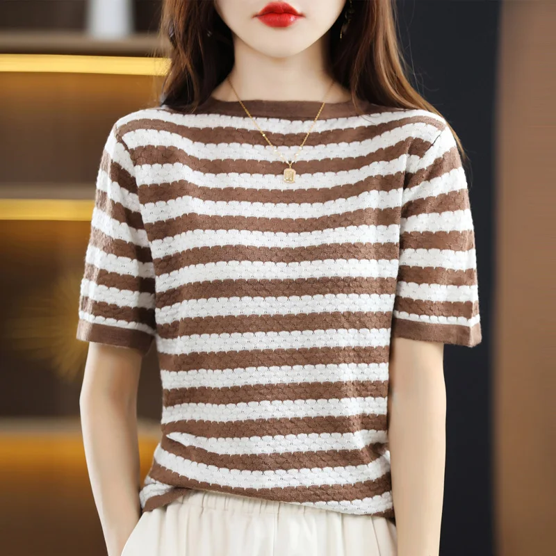 

Spring and summer new 100% wool women's O-neck pullover striped short-sleeved T-shirt fashion knitted slim top