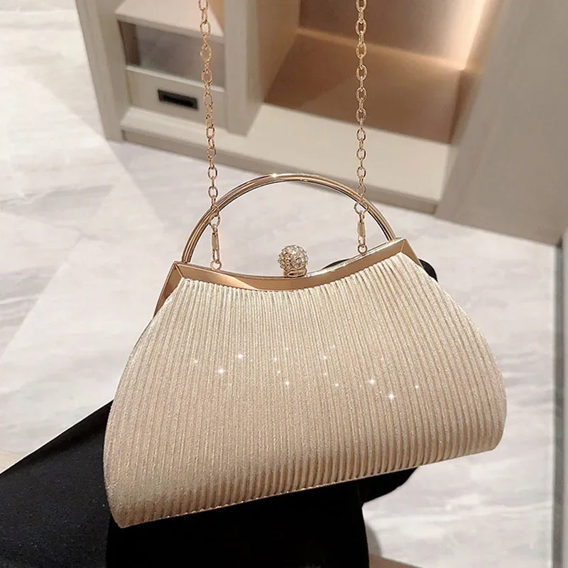 Pleated Evening Handbag Women Top Handle Glitter Day Clutch Ladies Wedding Dinner Dressed Clip Bag Diamond Party Purse Gold view 4
