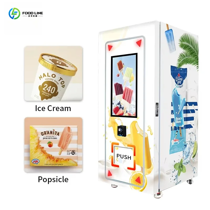 Self-Service Automatic Ice Cream Vending Machine Touch Screen Frozen Food Dispenser QR Code Credit Card Payment Customized