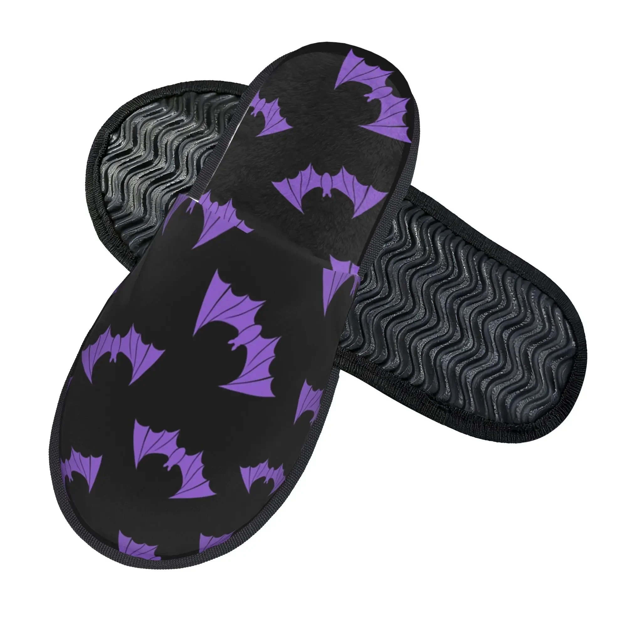 Cute Spooky Halloween Bats Black and Purple Couple Family Bedroom Dorm Winter Warm Non‑Slip Women Men  Spa Fuzzy House Shoes