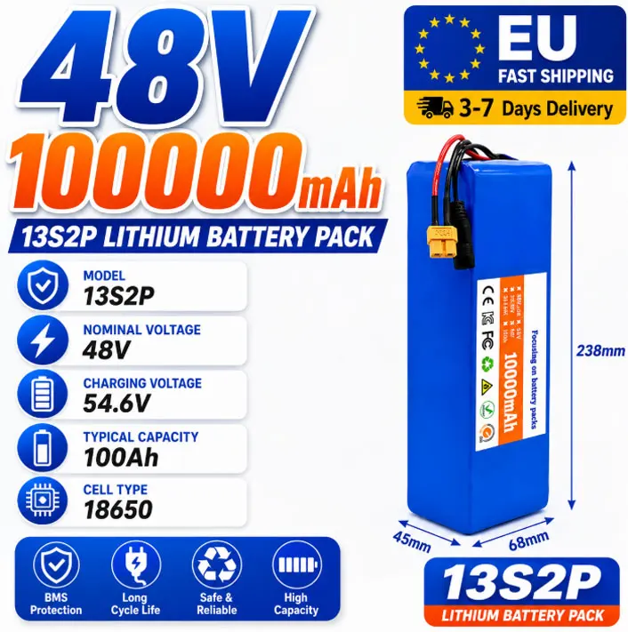 Schneller Versand aus Polen-Lager 13S2P 48V 100Ah E-Bike Lithium-Ionen-Akku mit eingebautem BMS für 250-1000W Elektroroller, Gratis 54,6V Ladegerät