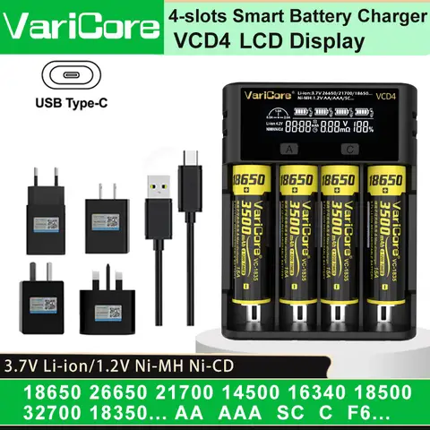 VCD4 스마트 충전식 배터리 충전기 USB 타입-C (3.7V 리튬이온 18650 21700 26650 3.2V 리튬인산철 32700 1.2V 니켈수소 AA AAA 호환)