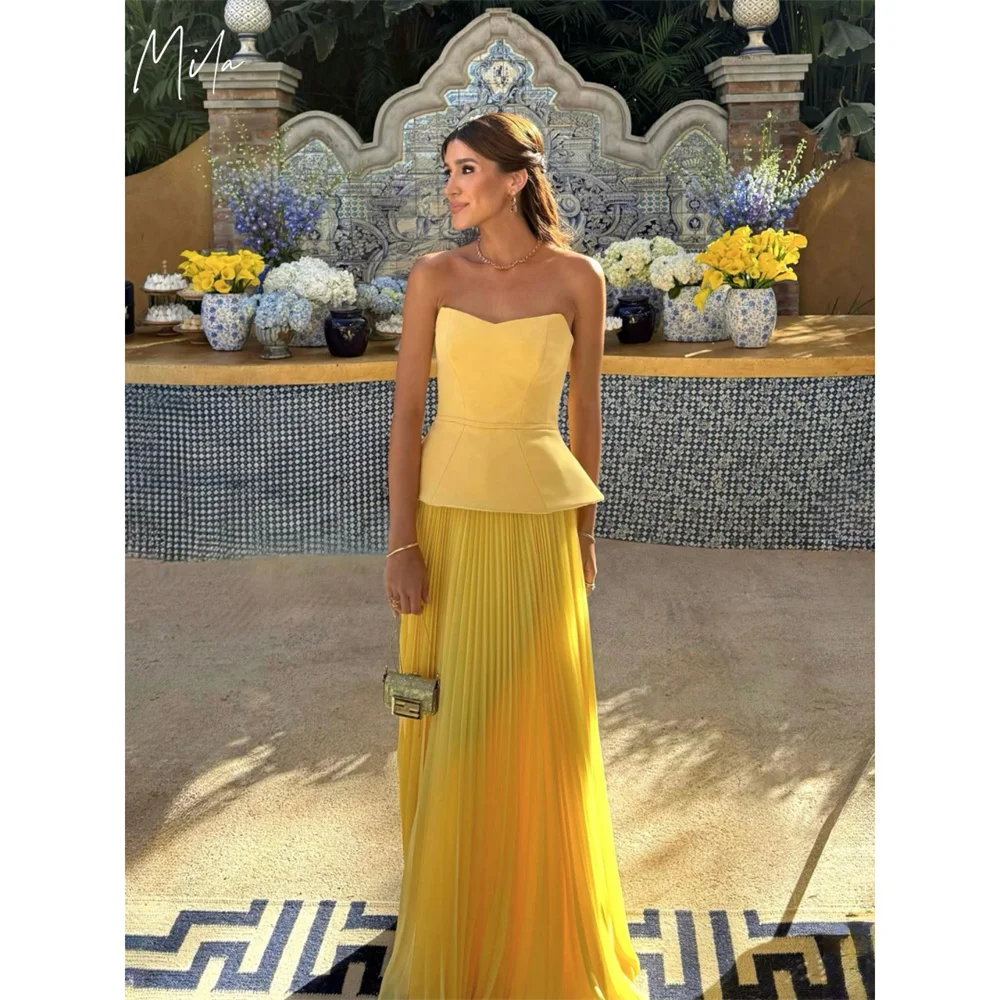

Mila Strapless A-Line Yellow Prom Dresses Pleats Chic Evening Dresses Elegant Sleeveless Floor-Length Customized Party Dresses