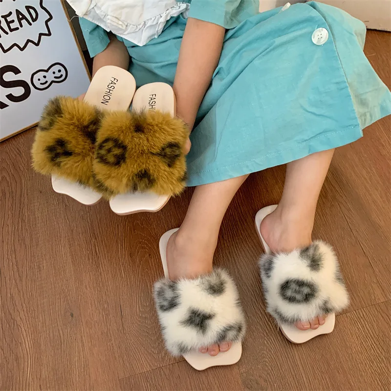 Autumn Winter Faux Fur Slides Open Toe Slippers for Kids Non Slip Flat Warm Plush Casual Home Shoes for Girls