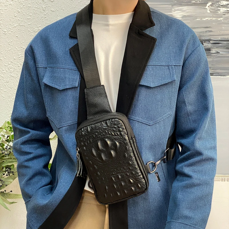 2023 Fashion Popular Men Geniune Leather Bags Cellphone Students Crossbody Adjustable Sling Small Multi-function For Shopping