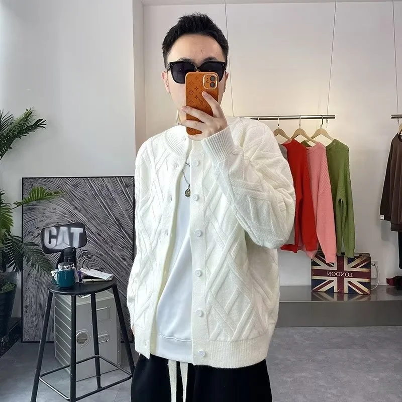 Suéter Masculino Verde de Tricô Solto, Cardigan com Decote em V, Moda Casual para Jovens, Casaco de Fibra de Poliéster para P...