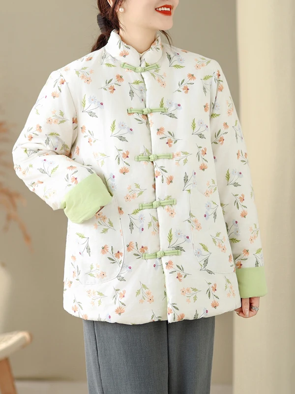 Authentic 2025 Floral Cotton Jaet Autumn Winter Warm Loose Chinese Sle Cotton Coat Thiened Long Sve Stand Collar Coat