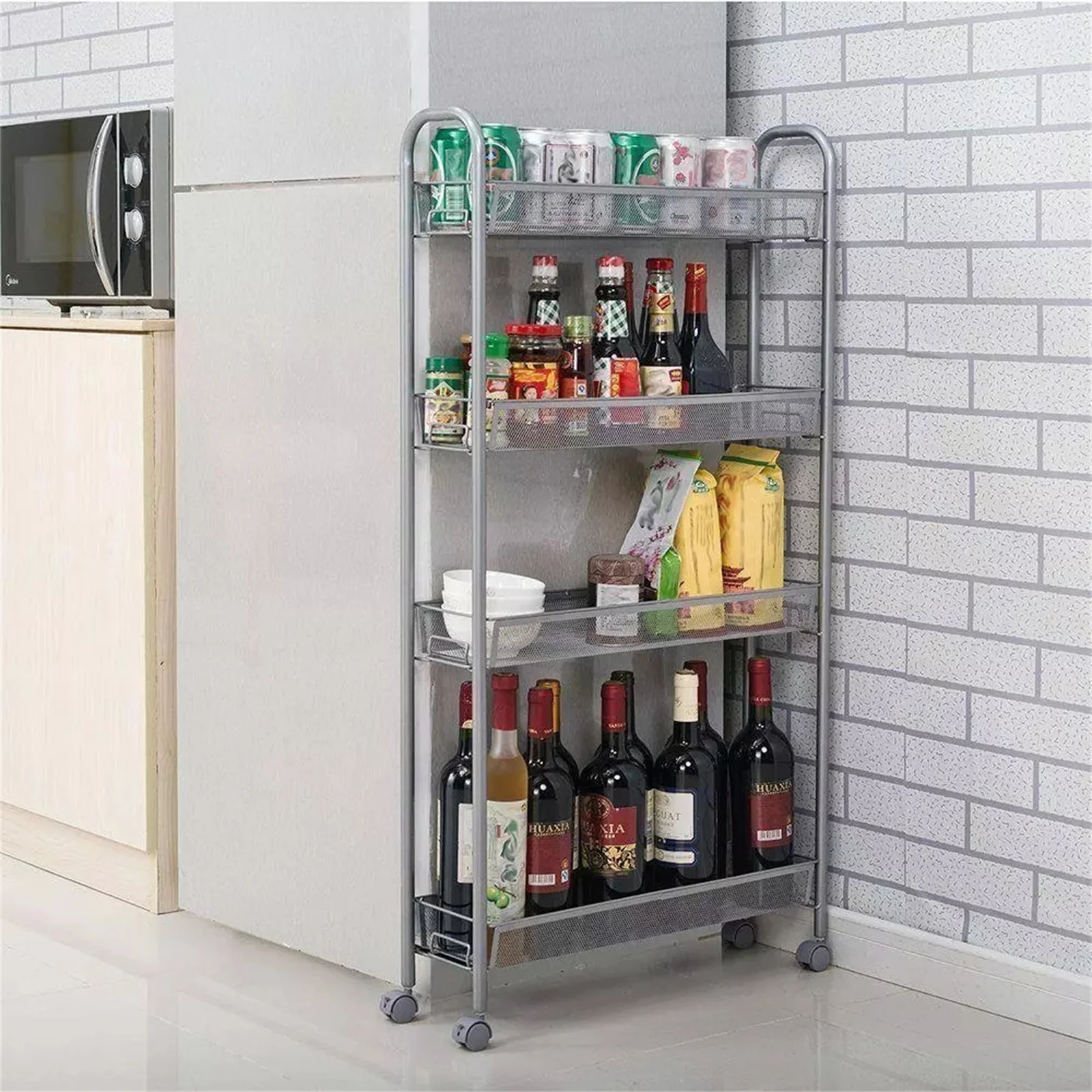 4 Tier Slim Slide Out Tower Trolley Cart Storage Bathroom Kitchen Office Casters