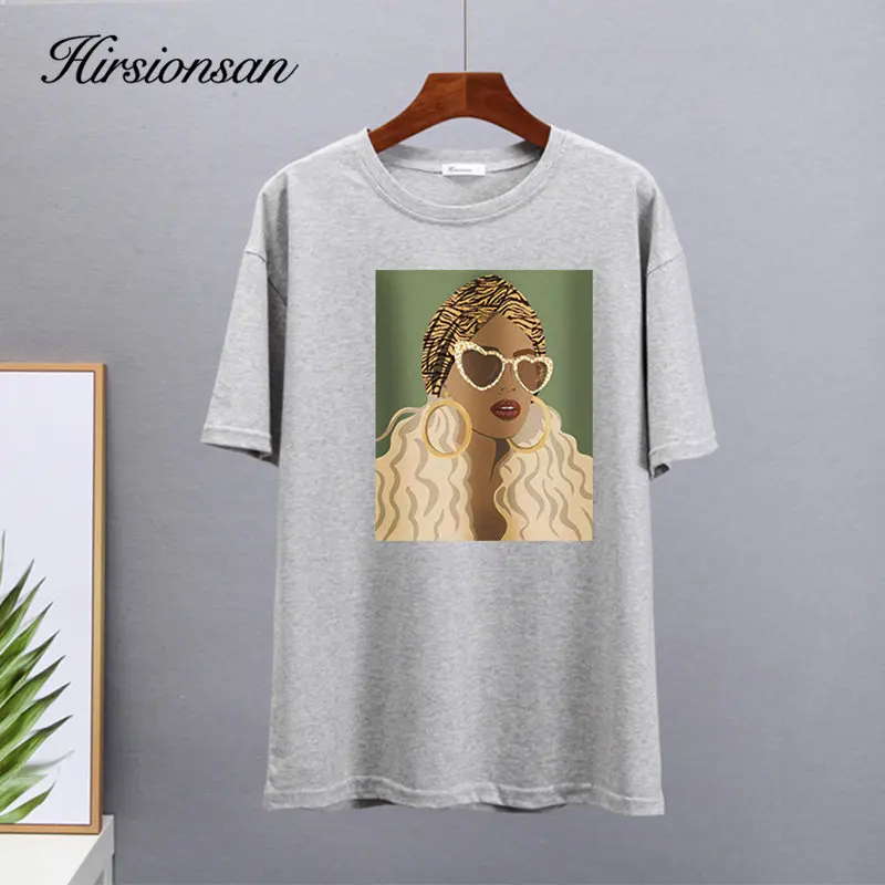 Hirsionsan Trendy Loose Graphic T Shirts for Women 2023 Summer 100% Cotton Short Sleeve Tees Female Casual Soft Streetwear Tops