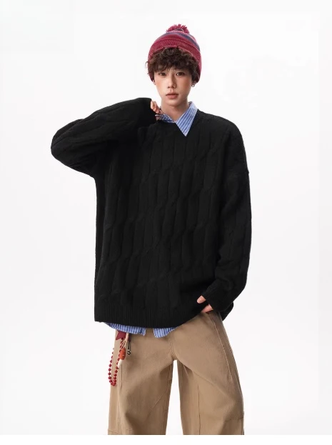 Spring and Autumn American Style Men's Blue and Dark Gray Cable Knit Cardigan Couple Loose Black and Beige Crew Neck Sweater