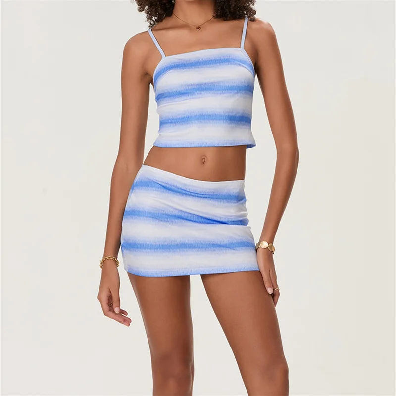 Women Striped Skirts Set 2 Piece Outfits Summer Sexy Slim Fit Crop Cami Top and Bodycon Mini Skirt Suit Streetwear