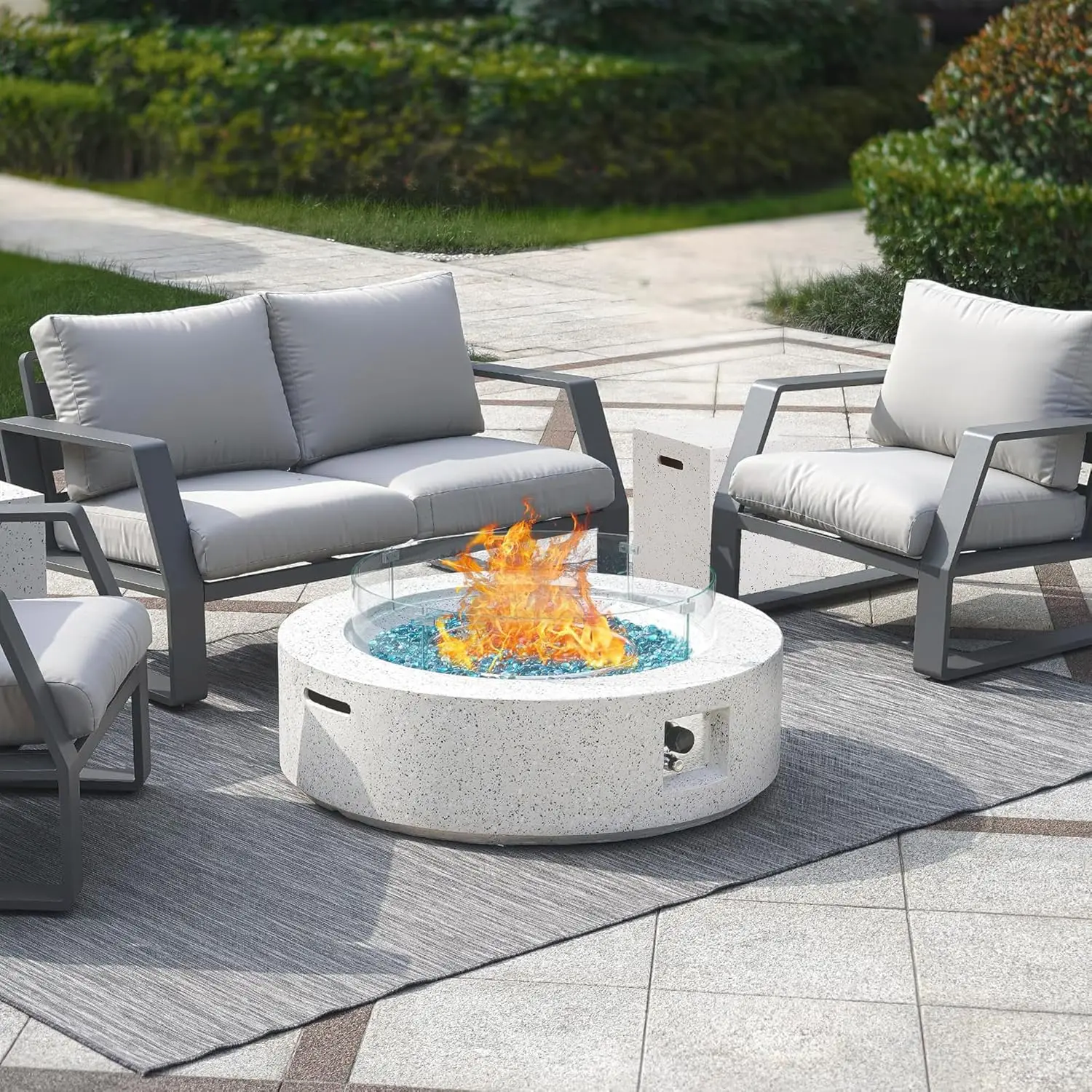 NAGA HABNA 41 Inch Propane Fire Pit Table, Outdoor Round Fire Table w Tank Table (50,000 BTU), 3 Piece Gas Fire Pit w Glass Wind