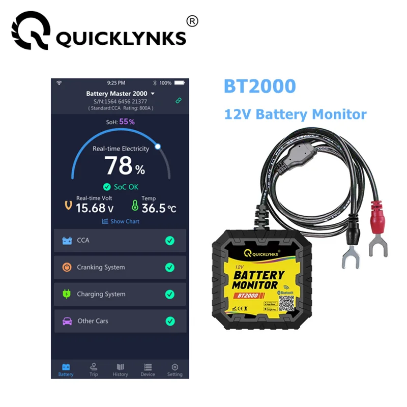 QUICKLYNKS BT2000 Bluetooth 4.0 12V Battery Monitor Car Battery Cranking&Charging CCA Battery Tester APP For Android IOS PK BM6