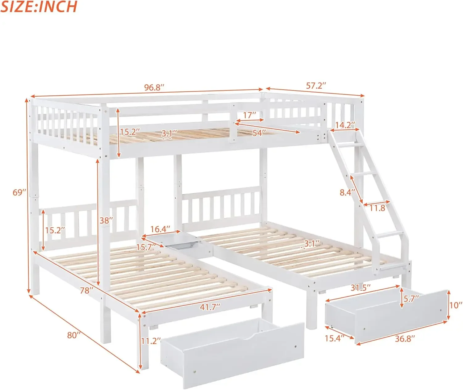 Triple Bunk Bed Full Over Twin &Twin Bunk Beds for 3, Wooden Triple Beds Frame with Drawers and Guardrails for Kids,Teens, Adult