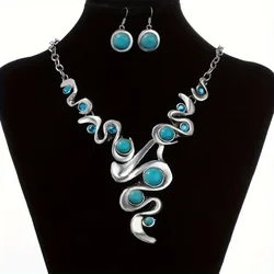 Elegant and Luxurious Three-piece Set with Aquamarine Zirconia Synthetic Turquoise Necklace Earrings Boho Jewelry Set for Women