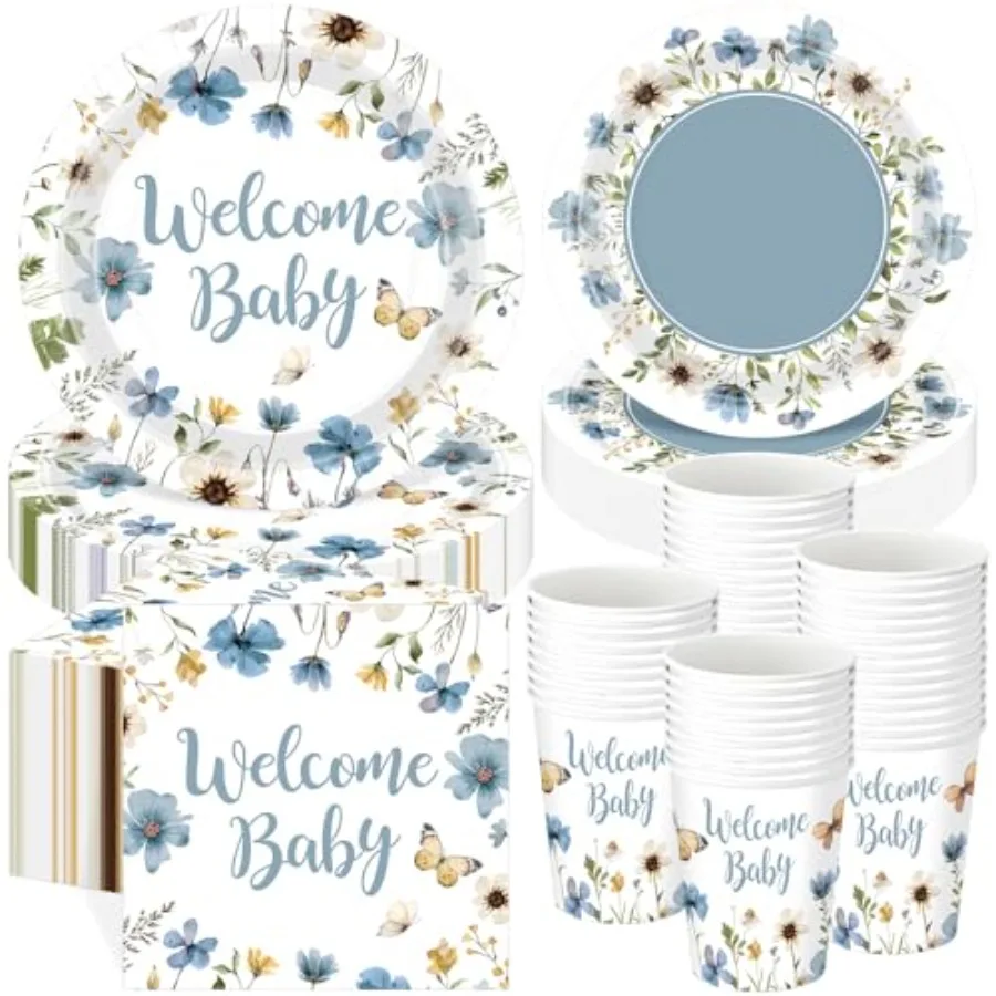 

250 Pcs Shower Party plies Decorations Serve 50 Wildflower Disposable Paper Plates Napkins Cups for Birthday Babies Boy Shower