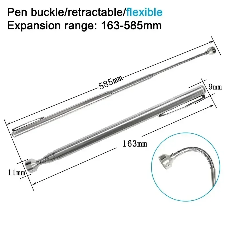 Pastilla magnética plateada giratoria portátil con Clip de pluma retráctil, varilla de succión magnética, herramienta de mano