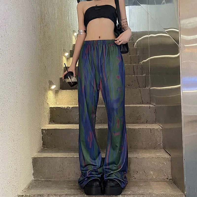 Elastic High Waist Long Flare Pant Bell Bottom Korean Summer Tie Dye Dark Contrast Print Sexy Slim Harajuku Streetwear Trousers