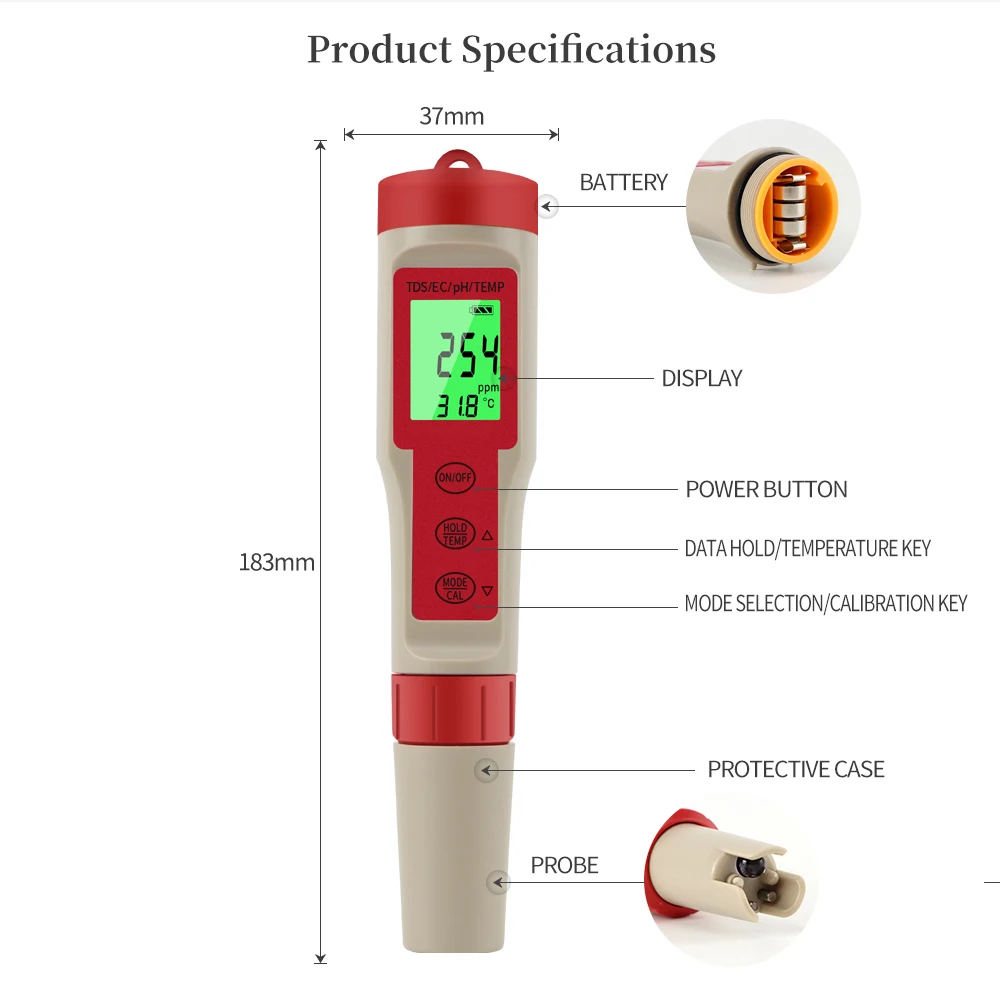 Misuratore di PH multifunzionale Tester di qualità dell\'acqua impermeabile PH/TDS/EC/Temp Detector penna di prova del PH con retroilluminazione per